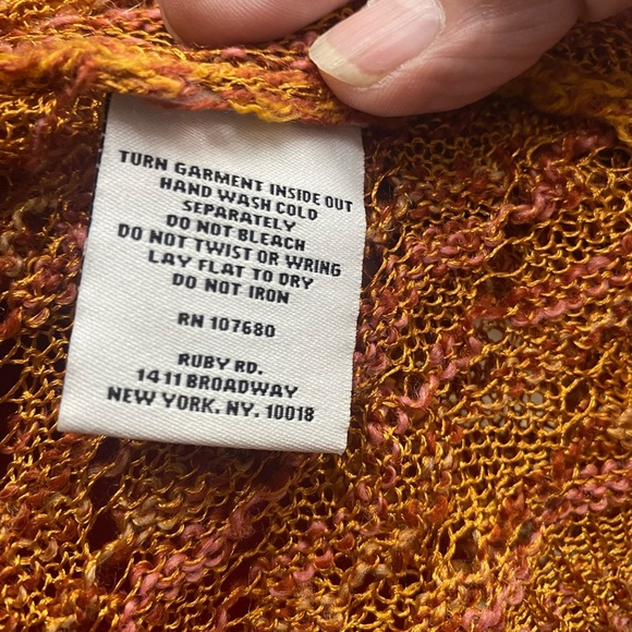 Earthy Orange Crochet Boho Lg Cardigan Asymmetric Open Lapel Slender Long Sleeve - Picture 7 of 8